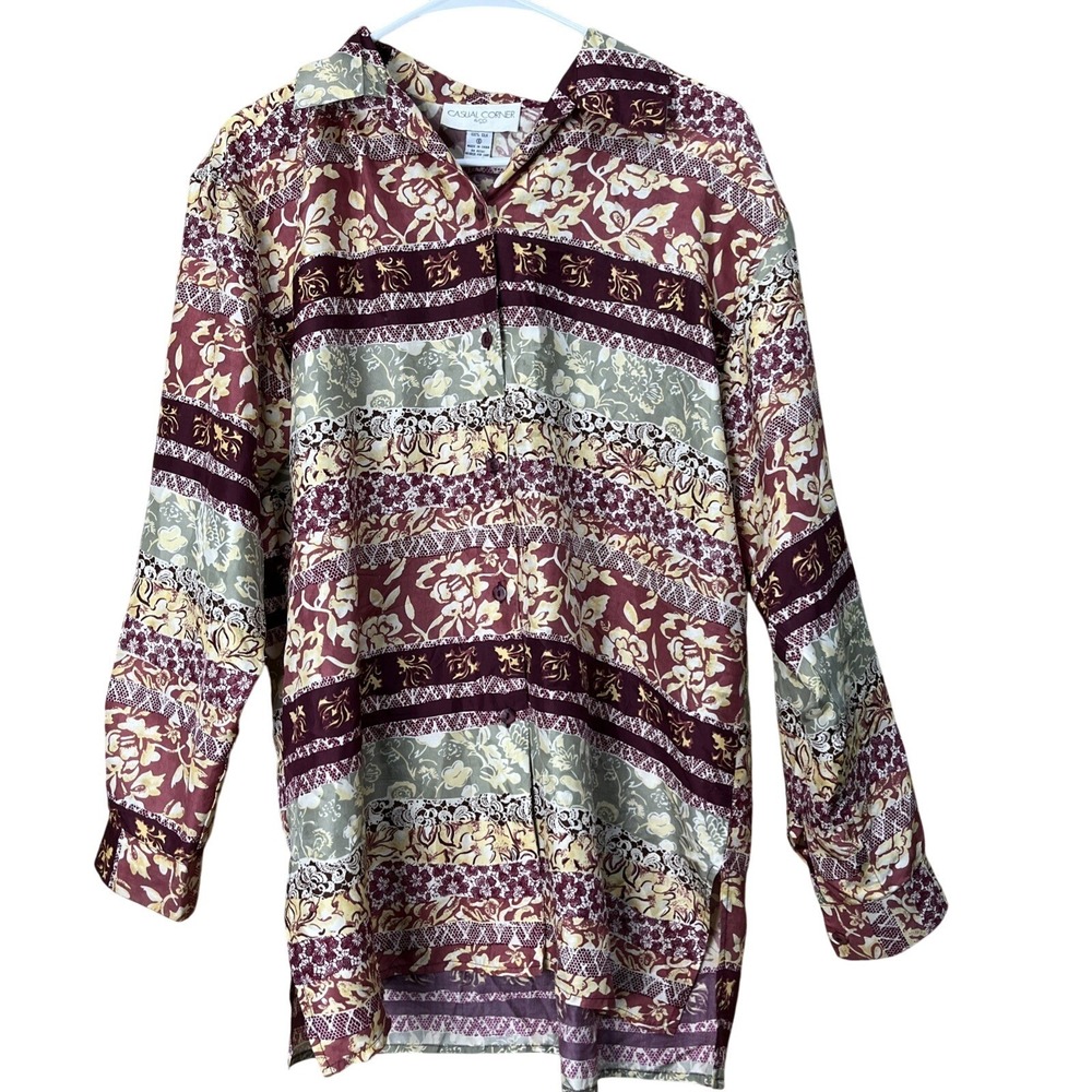 Casual Corner Blouse Womens S Burgundy Silk Floral Button Down Long Sleeve Boho